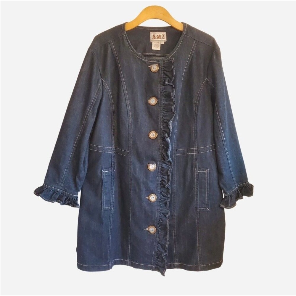 AMX Dark Denim Long Line Jacket Coat Ruffle Detail Button Front Twee Western 1X
